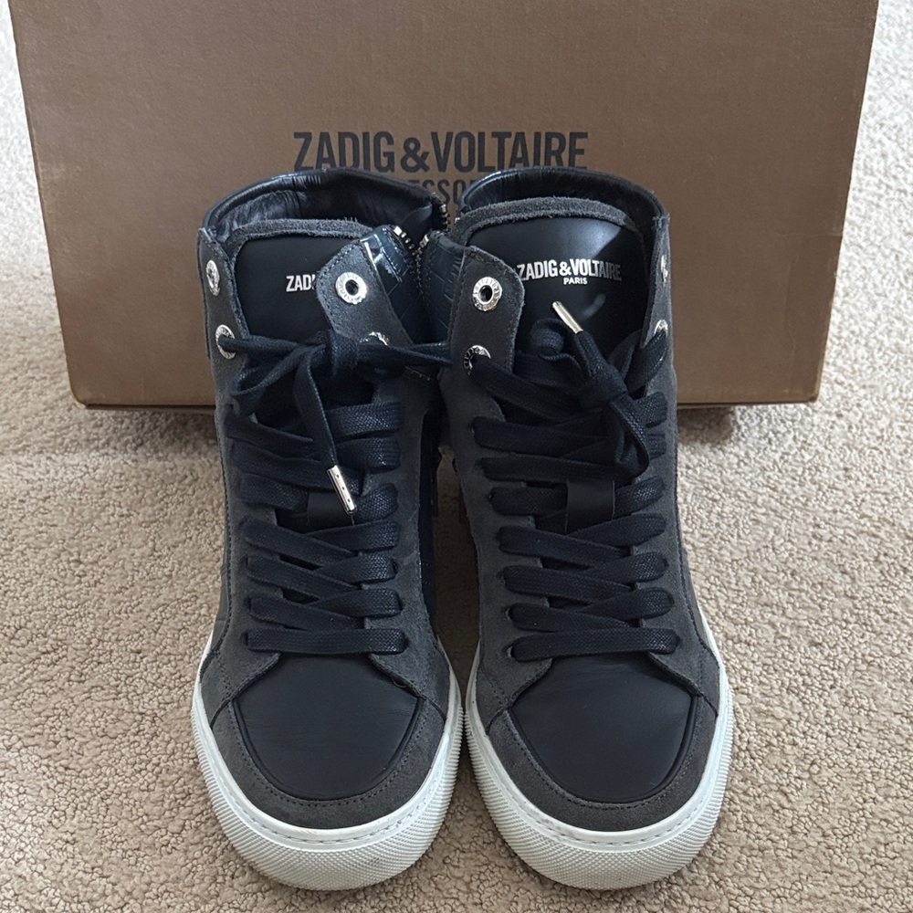 Zadig & Voltaire Black High-Top Sneakers Flash Embossed bleu de Gris EUC Size 37